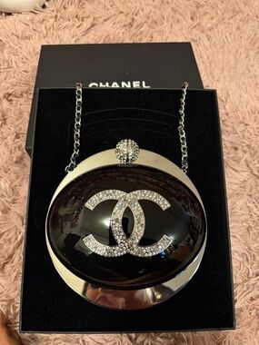 CHANEL Black Crystal CC Oval Minaudière with Silver Accents